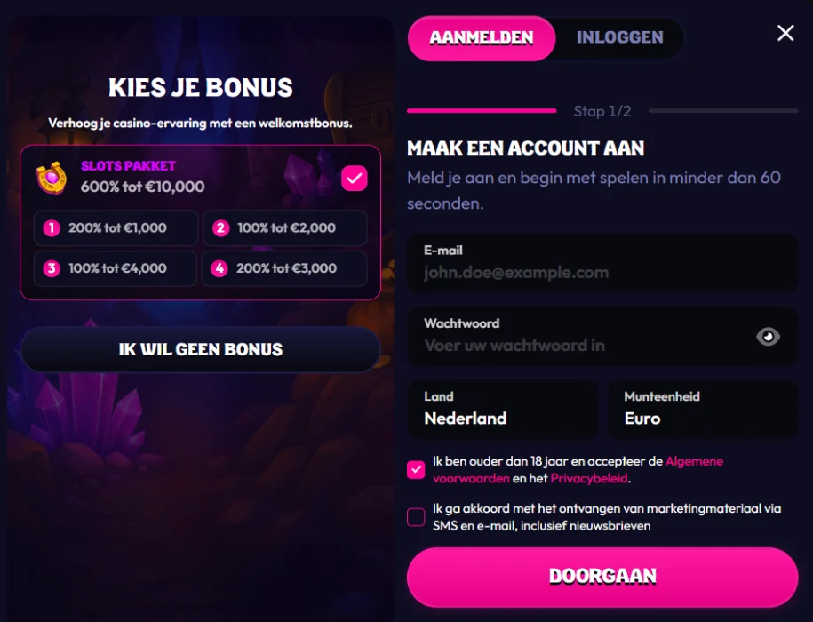 Slots Eater Casino registratieformulier met welkomstbonus en accountaanmaak
